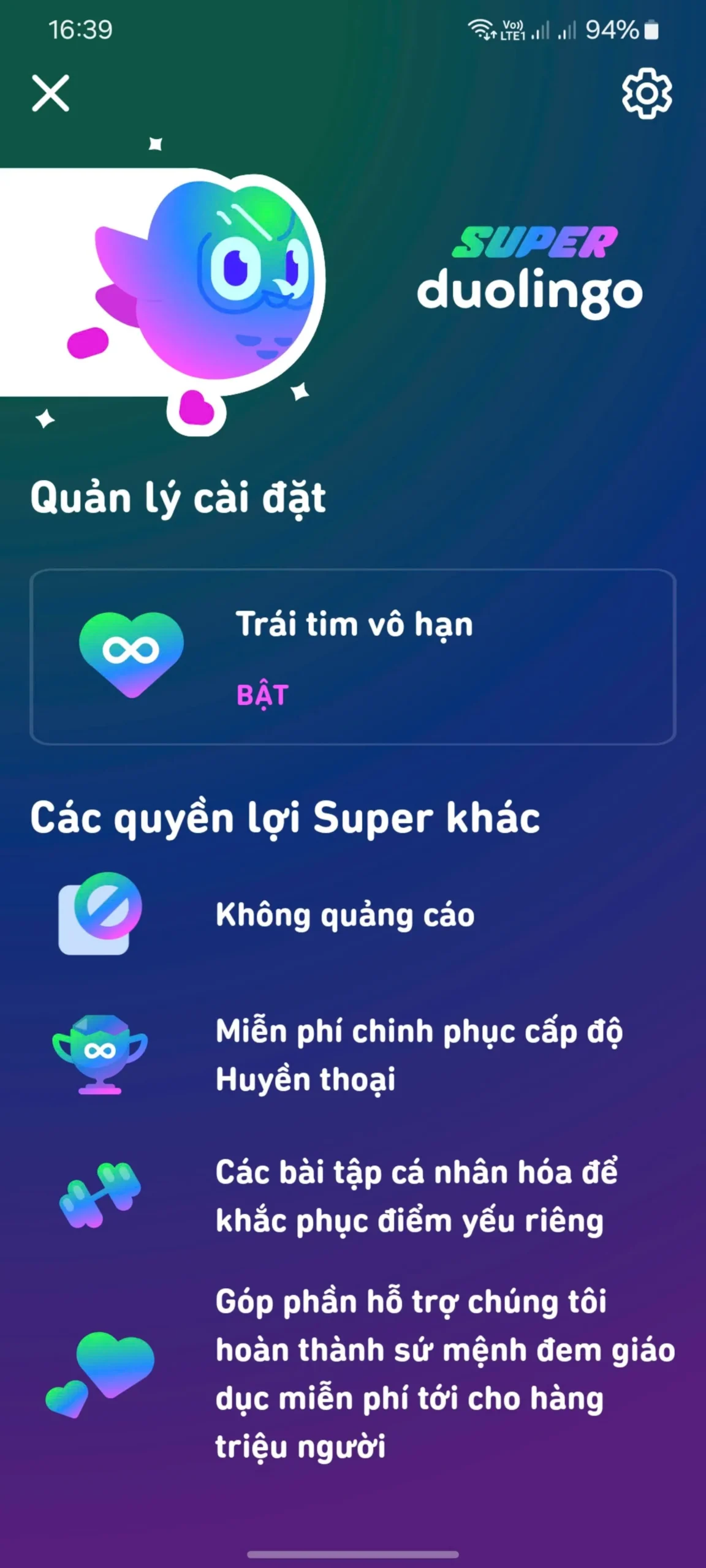 Quyền lợi của gói tài khoản Super duolingo