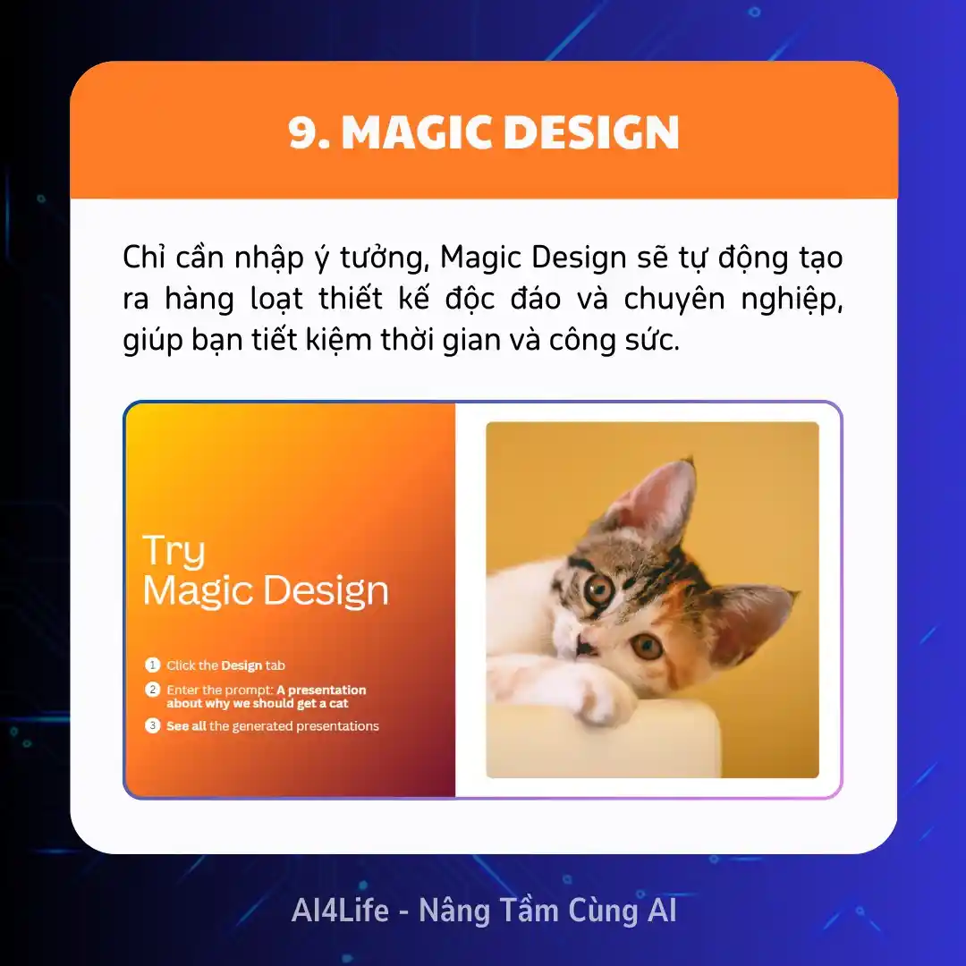 Chỉ cần nhập ý tưởng, Magic Design sẽ tự động tạo ra hàng loạt thiết kế độc đáo và chuyên nghiệp, giúp bạn tiết kiệm thời gian và công sức.