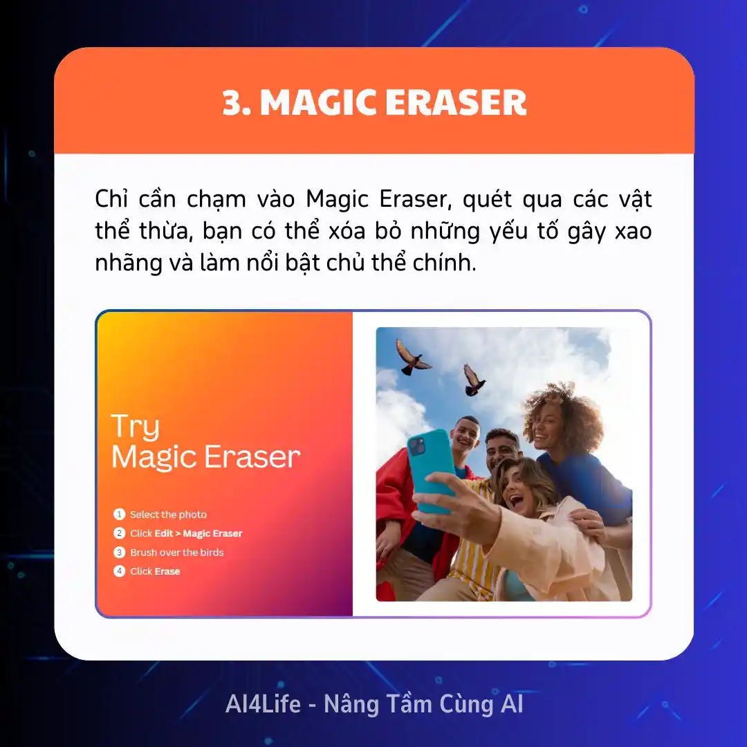 Chỉ cần chạm vào Magic Eraser, quét qua các vật thể thừa, bạn có thể xóa bỏ những yếu tố gây xao nhãng và làm nổi bật chủ thể chính.