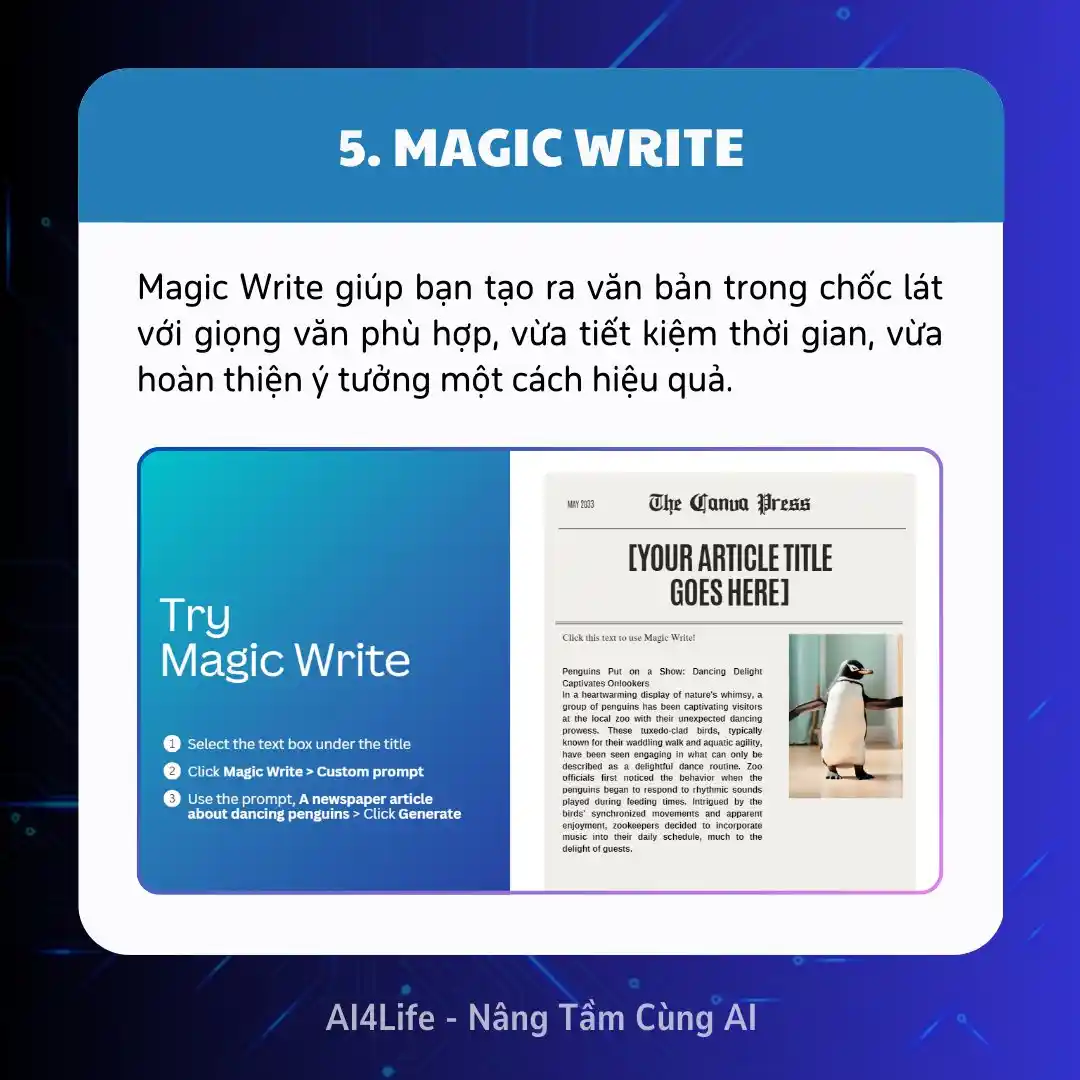 Magic Write giúp bạn tạo ra văn bản trong chốc lát với giọng văn phù hợp, vừa tiết kiệm thời gian, vừa hoàn thiện ý tưởng một cách hiệu quả.